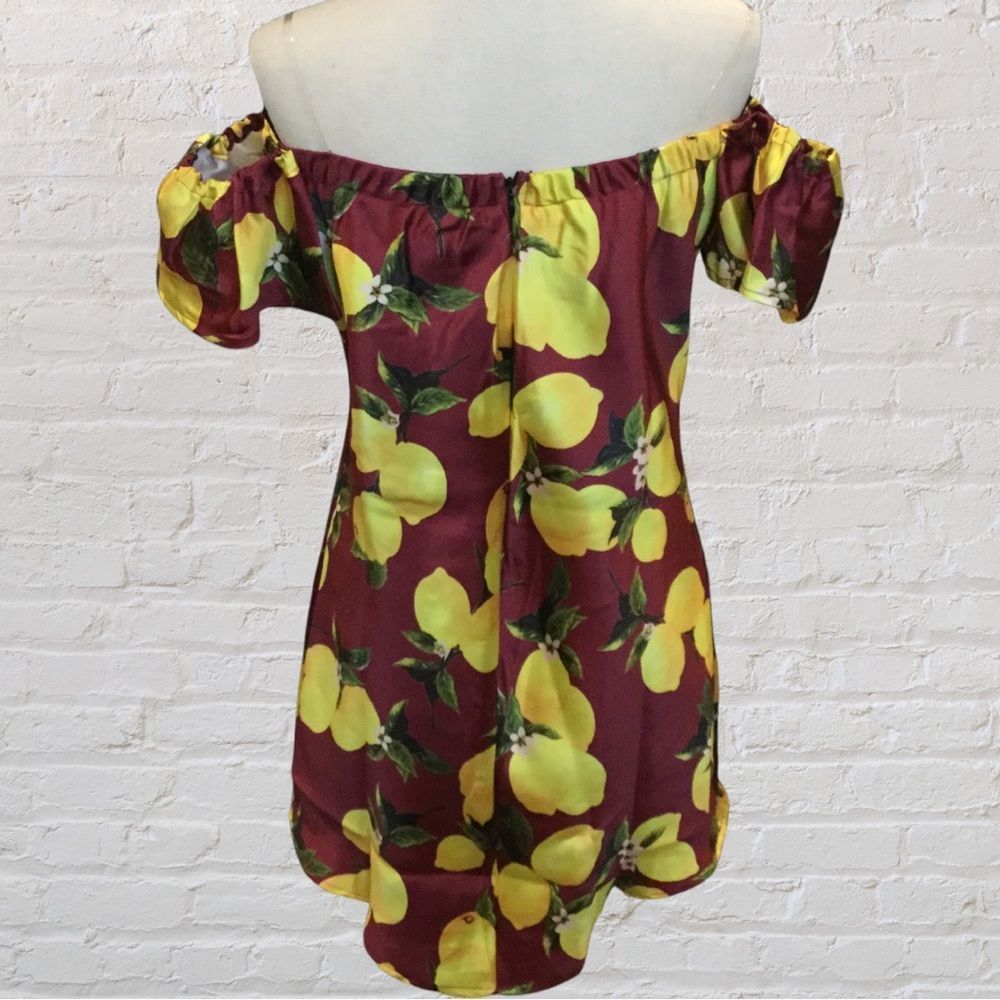 NWT, Lemon-Print Knee-Length Off Shoulder Dress in Dark Red - Med & Large - Picture 5 of 8